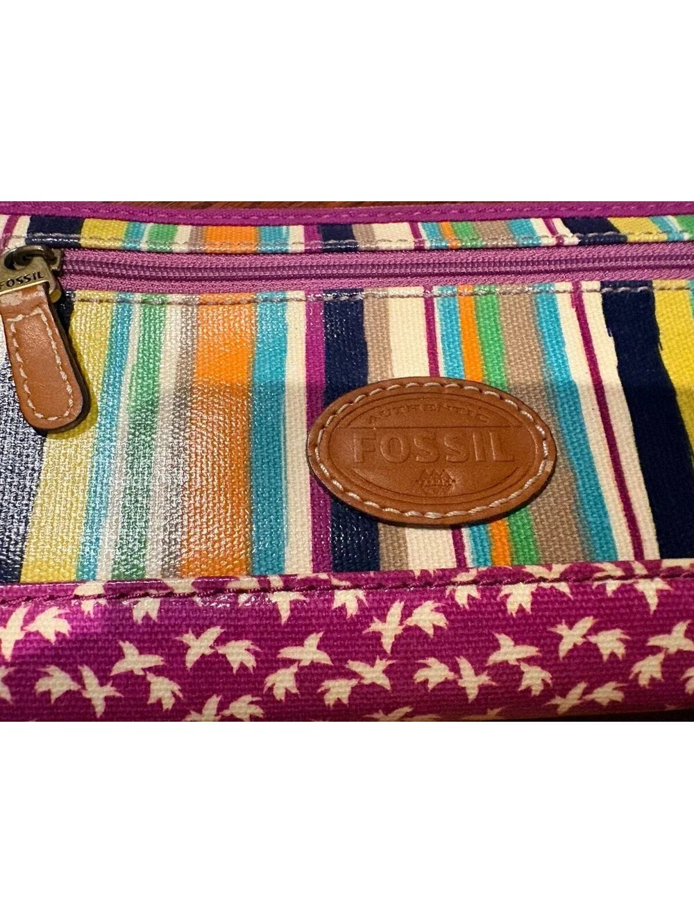 Vintage FOSSIL Key Per Coated Canvas w/Leather Trim Zip Around Wallet Colorful